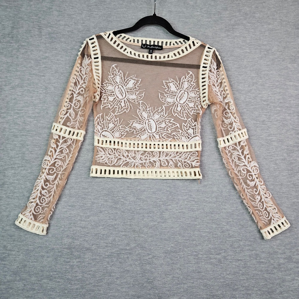 For Love & Lemons Sheer Mesh Floral Embroidered Crop Top Long Sleeve Tan Small